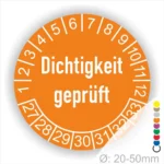 Dichtigkeit geprüft Prüfplakette orange-mit Monats- und Jahresring mit Zahlen 27-33 runde Prüfplakette zur Kennzeichnung geprüfter Dichtheit, Durchmesser 20–50 mm
