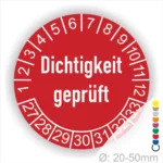 Dichtigkeit geprüft Prüfplakette rot mit Monats- und Jahresring mit Zahlen 27-33 runde Prüfplakette zur Kennzeichnung geprüfter Dichtheit, Durchmesser 20–50 mm