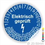 Rundes Etikett für elektrische Prüfungen mit der Aufschrift "Elektrisch geprüft" und Angaben zum nächsten Prüftermin. Ideal für die Kennzeichnung von elektrischen Geräten mit einem Durchmesser von 20-50 mm.