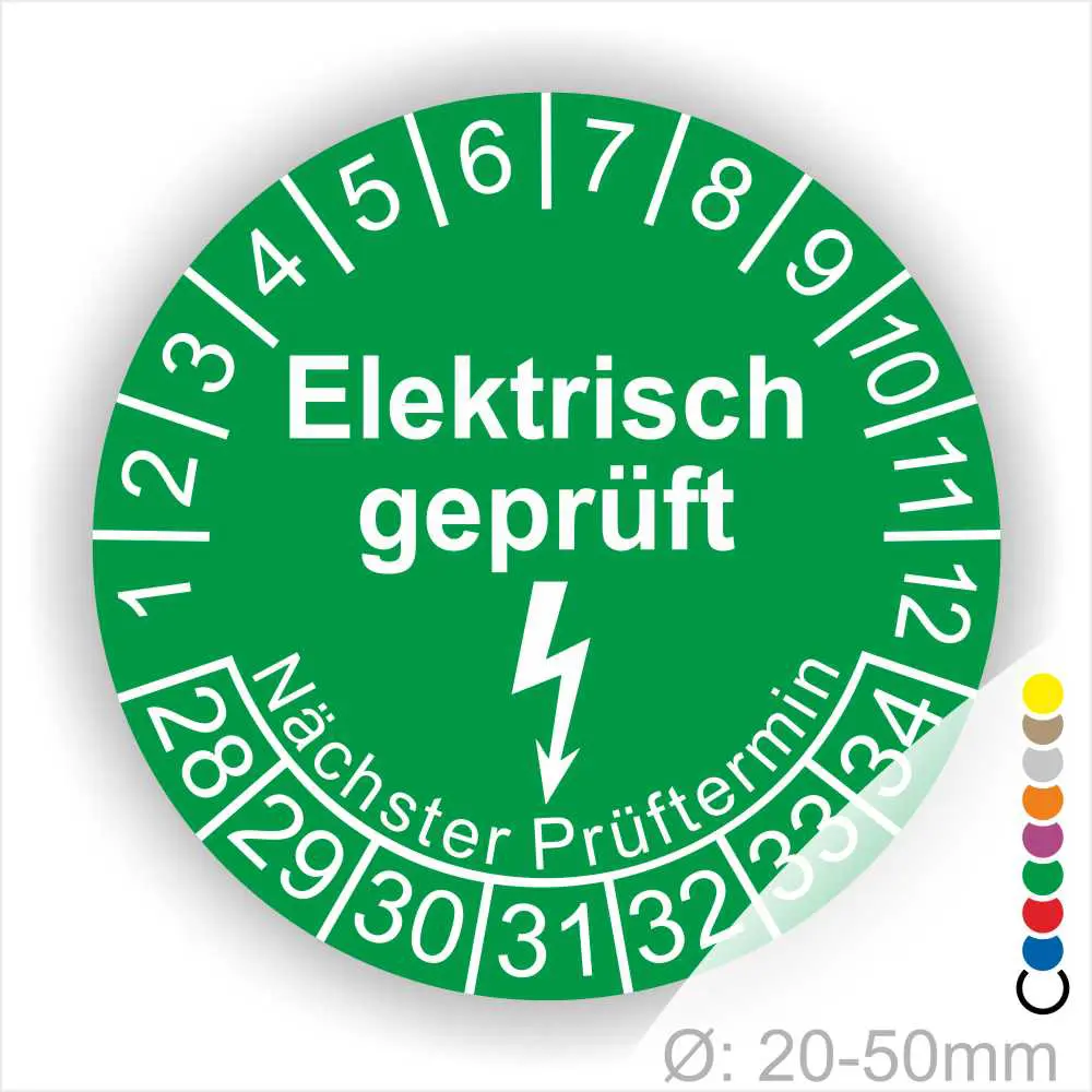 Grünes Prüfetikett mit der Aufschrift "Elektrisch geprüft" und Angaben zum nächsten Prüftermin, geeignet für Geräte mit einem Durchmesser von 20-50 mm.