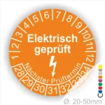 Runder Prüfaufkleber mit der Aufschrift "Elektrisch geprüft" in Orange, der den nächsten Prüftermin anzeigt. Geeignet für Geräte mit einem Durchmesser von 20-50 mm.