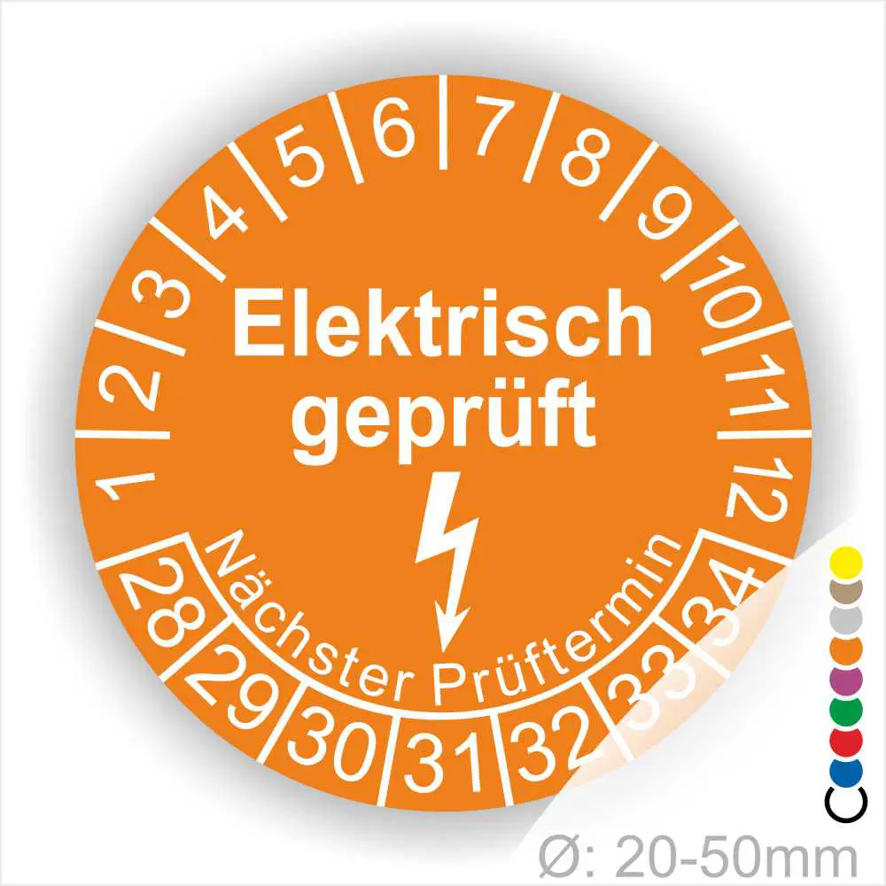 Runder Prüfaufkleber mit der Aufschrift "Elektrisch geprüft" in Orange, der den nächsten Prüftermin anzeigt. Geeignet für Geräte mit einem Durchmesser von 20-50 mm.
