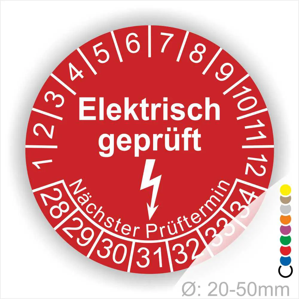 Roter Aufkleber mit der Aufschrift "Elektrisch geprüft" und einem Blitzsymbol, um den nächsten Prüftermin anzuzeigen. Durchmesser von 20-50 mm, geeignet für die Kennzeichnung elektrischer Geräte.