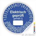 Blauer Aufkleber mit der Aufschrift "Elektrisch geprüft gemäß §", der Platz für das Datum des nächsten Prüftermins bietet. Ideal für die Kennzeichnung von elektrischen Geräten und Sicherheitshinweisen. Durchmesser: 20-50mm.