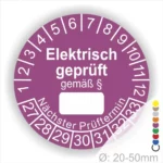 Runder Prüfaufkleber in lila mit der Aufschrift "Elektrisch geprüft gemäß §". Der Aufkleber zeigt Nummern von 1 bis 12 und von 27 bis 33 für Prüftermine. Geeignet für Geräte mit einem Durchmesser von 20-50 mm.