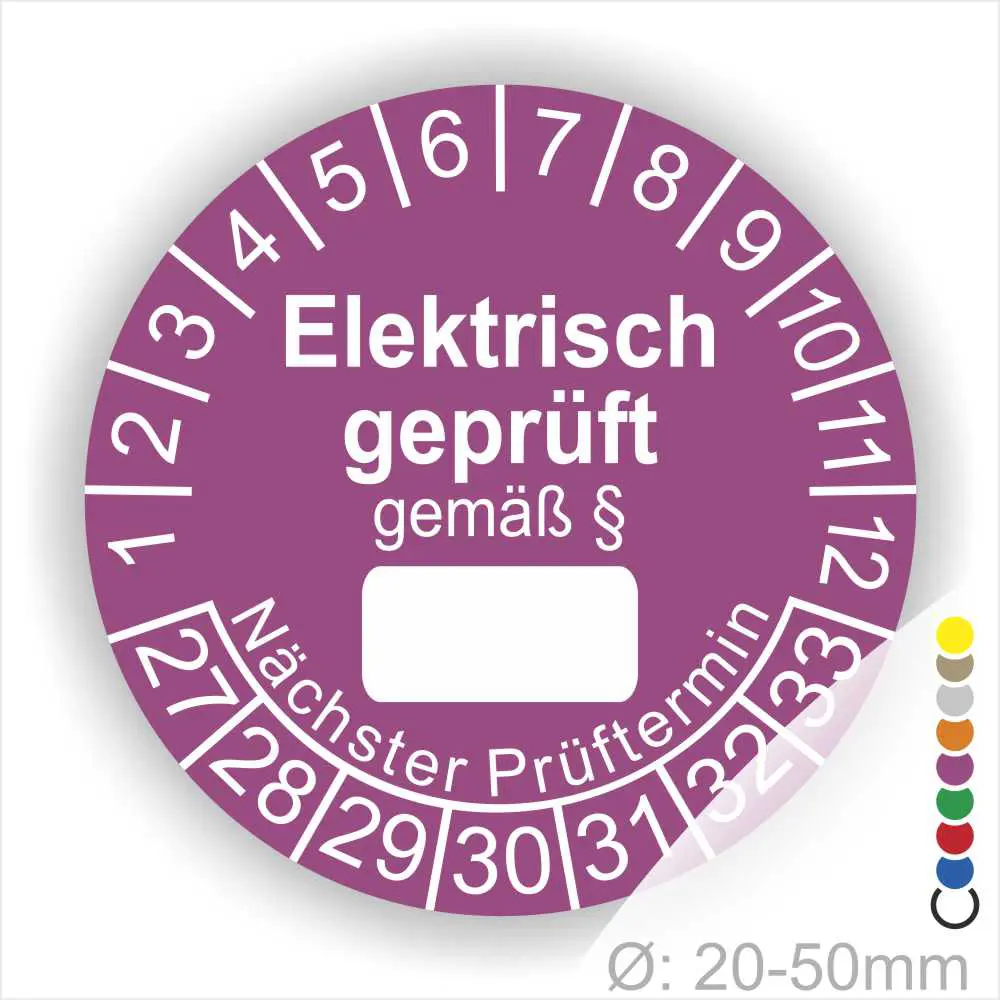 Runder Prüfaufkleber in lila mit der Aufschrift "Elektrisch geprüft gemäß §". Der Aufkleber zeigt Nummern von 1 bis 12 und von 27 bis 33 für Prüftermine. Geeignet für Geräte mit einem Durchmesser von 20-50 mm.