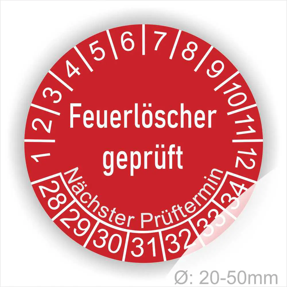 Prüfetiketten, Prüfaukleber rund, Farbe- Rot, Text auf Englisch "Feuerlöscher geprüft" in Weiß. Startjahr- 28, Monatszahlen Oben und Jahreszahlen Unten in Kreisform.