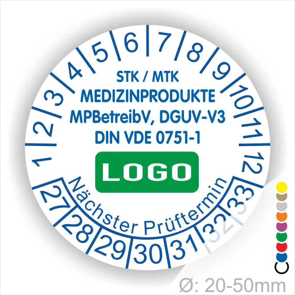 Individuelle STK MTK Prüfplakette Medizinprodukte mit Logo, MPBetreibV DGUV V3 DIN VDE 0751-1, Monats- und Jahresring, nächster Prüftermin, Durchmesser 20–50 mm