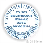 STK MTK Prüfplakette Medizinprodukte nach MPBetreibV, DGUV V3 und DIN VDE 0751-1 mit Monats- und Jahresring, nächster Prüftermin, Durchmesser 20–50 mm