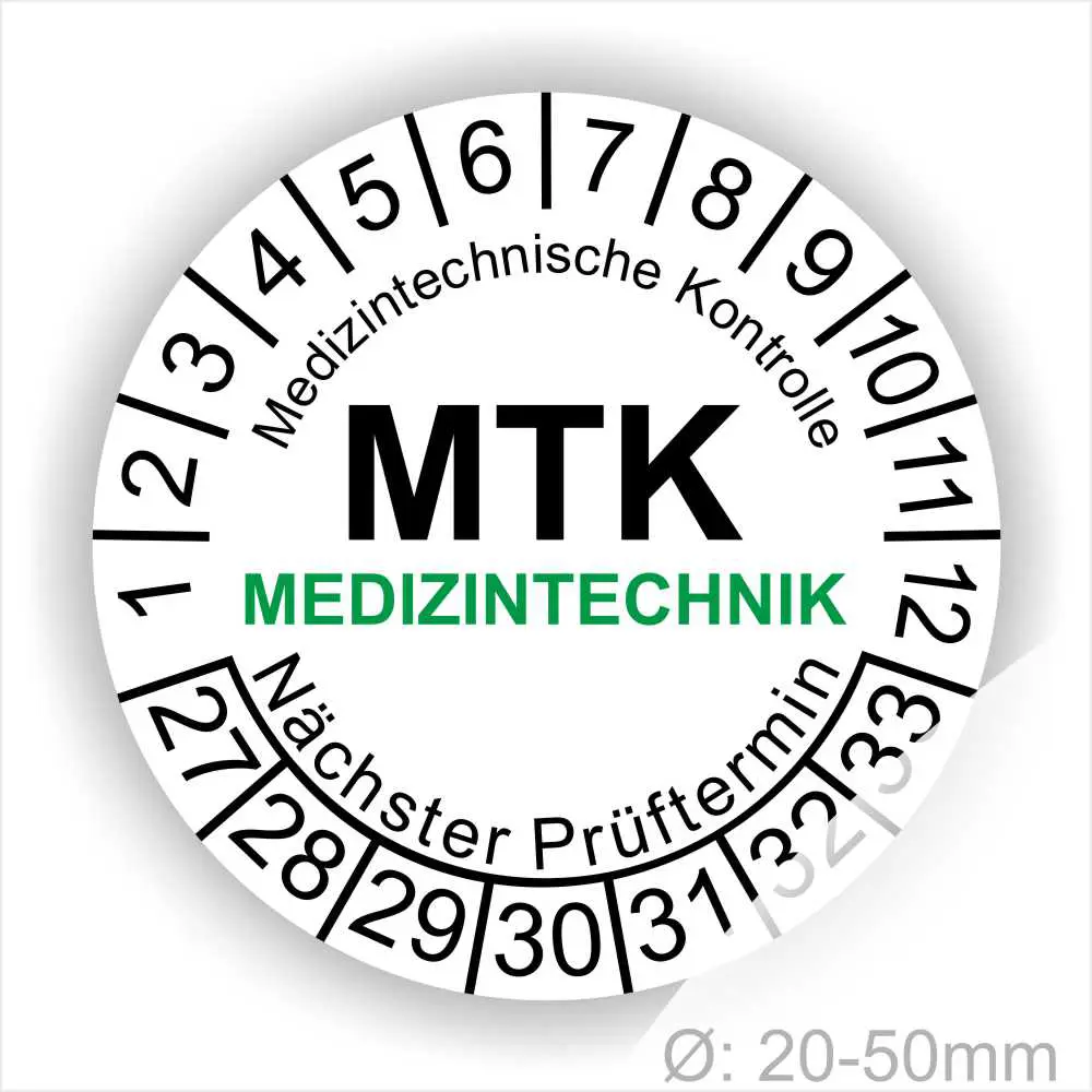 Serviceplakette MTK Medizintechnik Prüfetiketten rund, Farbe- Weiß, Text "Medizintechnische Kontrolle, MTK MEDIZINTECHNIK Nächster Prüftermin" in Schwarz. Startjahr- 27, Monatszahlen Oben und Jahreszahlen Unten in Kreisform. über den Jahreszahlen Text.