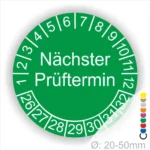 Prüfplakette mit Text Nächster Prüftermin Startjahr- 26, Monatszahlen Oben und Jahreszahlen Unten in Kreisform. Farbe Gruen