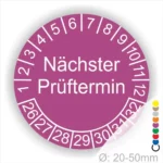 Prüfplaketten, Prüfaufkleber rund, Farbe- Lila, Text "Nächster Prüftermin" in weiss. Startjahr- 26, Monatszahlen Oben und Jahreszahlen Unten in Kreisform.