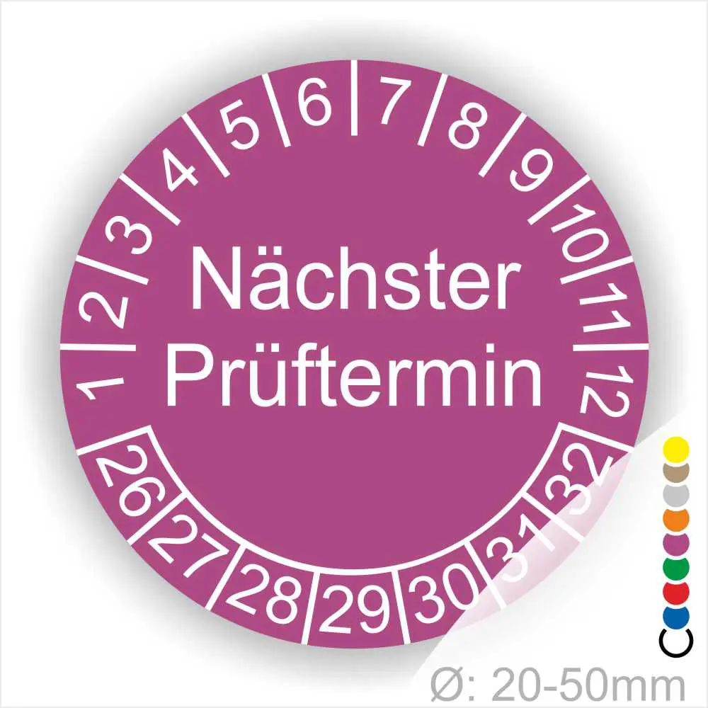Prüfplaketten, Prüfaufkleber rund, Farbe- Lila, Text "Nächster Prüftermin" in weiss. Startjahr- 26, Monatszahlen Oben und Jahreszahlen Unten in Kreisform.