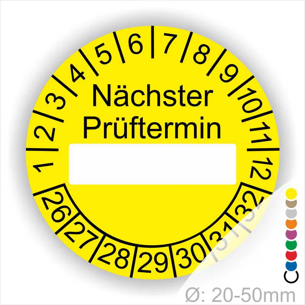 Nächster Prüftermin Prüfplakette gelb mit Beschriftungsfeld, Monats- und Jahresring, runde Prüfplakette zur Kennzeichnung des nächsten Prüftermins, Durchmesser 20–50 mm