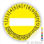 Neutrale Prüfplakette gelb mit Beschriftungsfeld, Monats- und Jahresring, runde Prüfplakette ohne Text zur individuellen Kennzeichnung, Durchmesser 20–50 mm
