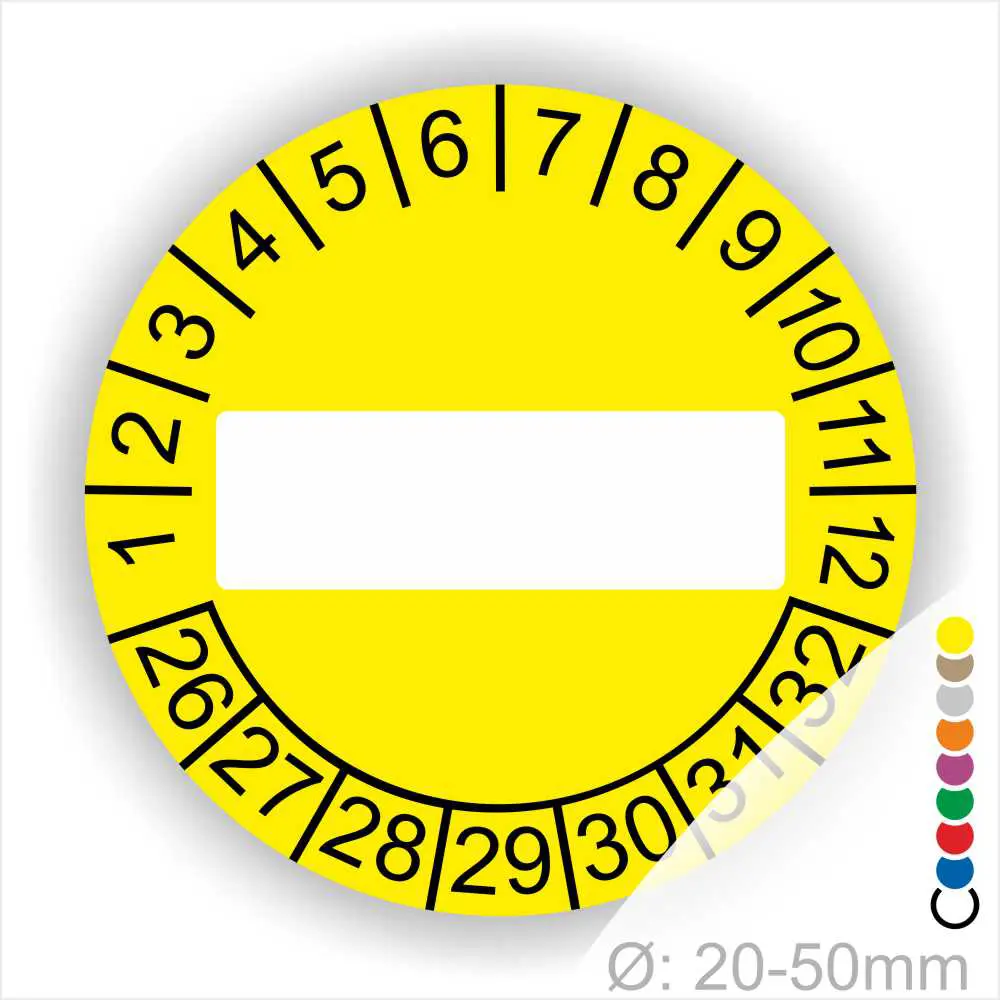 Neutrale Prüfplakette gelb mit Beschriftungsfeld, Monats- und Jahresring, runde Prüfplakette ohne Text zur individuellen Kennzeichnung, Durchmesser 20–50 mm