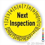 Gelbes Inspektionsetikett mit der Aufschrift "Next Inspection" und nummerierten Monaten, ideal für die Planung von Wartungen. Durchmesser von 20-50 mm.