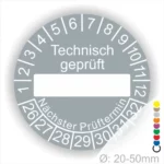 Technisch geprüft Prüfaufkleber grau mit Beschriftungsfeld, Monats- und Jahresring, runde Prüfplakette zur technischen Prüfkennzeichnung mit nächstem Prüftermin, Durchmesser 20–50 mm