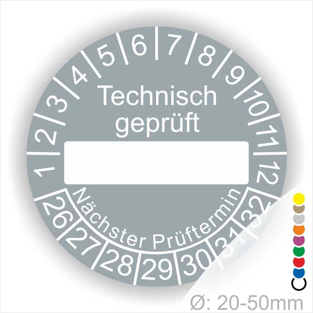 Technisch geprüft Prüfaufkleber grau mit Beschriftungsfeld, Monats- und Jahresring, runde Prüfplakette zur technischen Prüfkennzeichnung mit nächstem Prüftermin, Durchmesser 20–50 mm