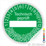 Technisch geprüft Wartungsplakette gruen mit Beschriftungsfeld, Monats- und Jahresring, runde Prüfplakette zur technischen Prüfkennzeichnung mit nächstem Prüftermin, Durchmesser 20–50 mm