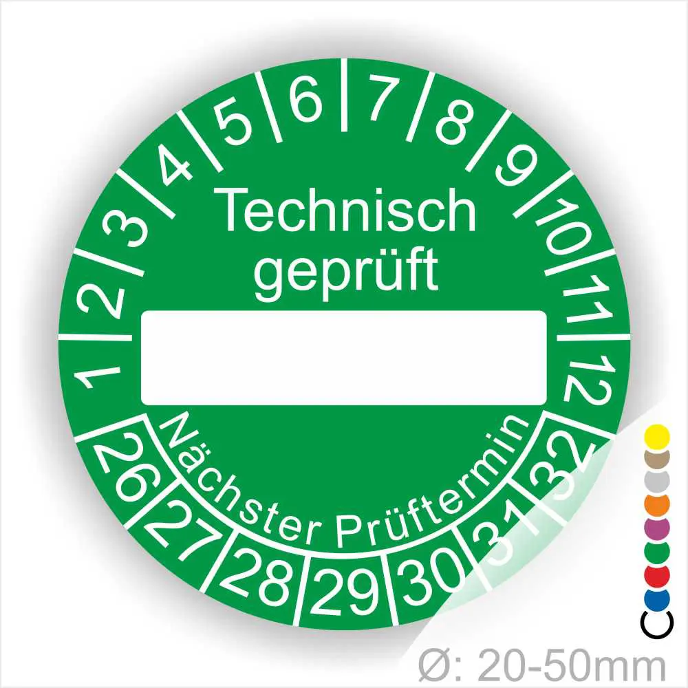 Technisch geprüft Wartungsplakette gruen mit Beschriftungsfeld, Monats- und Jahresring, runde Prüfplakette zur technischen Prüfkennzeichnung mit nächstem Prüftermin, Durchmesser 20–50 mm
