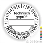 Technisch geprüft Prüfplakette weiss mit Beschriftungsfeld, Monats- und Jahresring, runde Prüfplakette zur technischen Prüfkennzeichnung mit nächstem Prüftermin, Durchmesser 20–50 mm