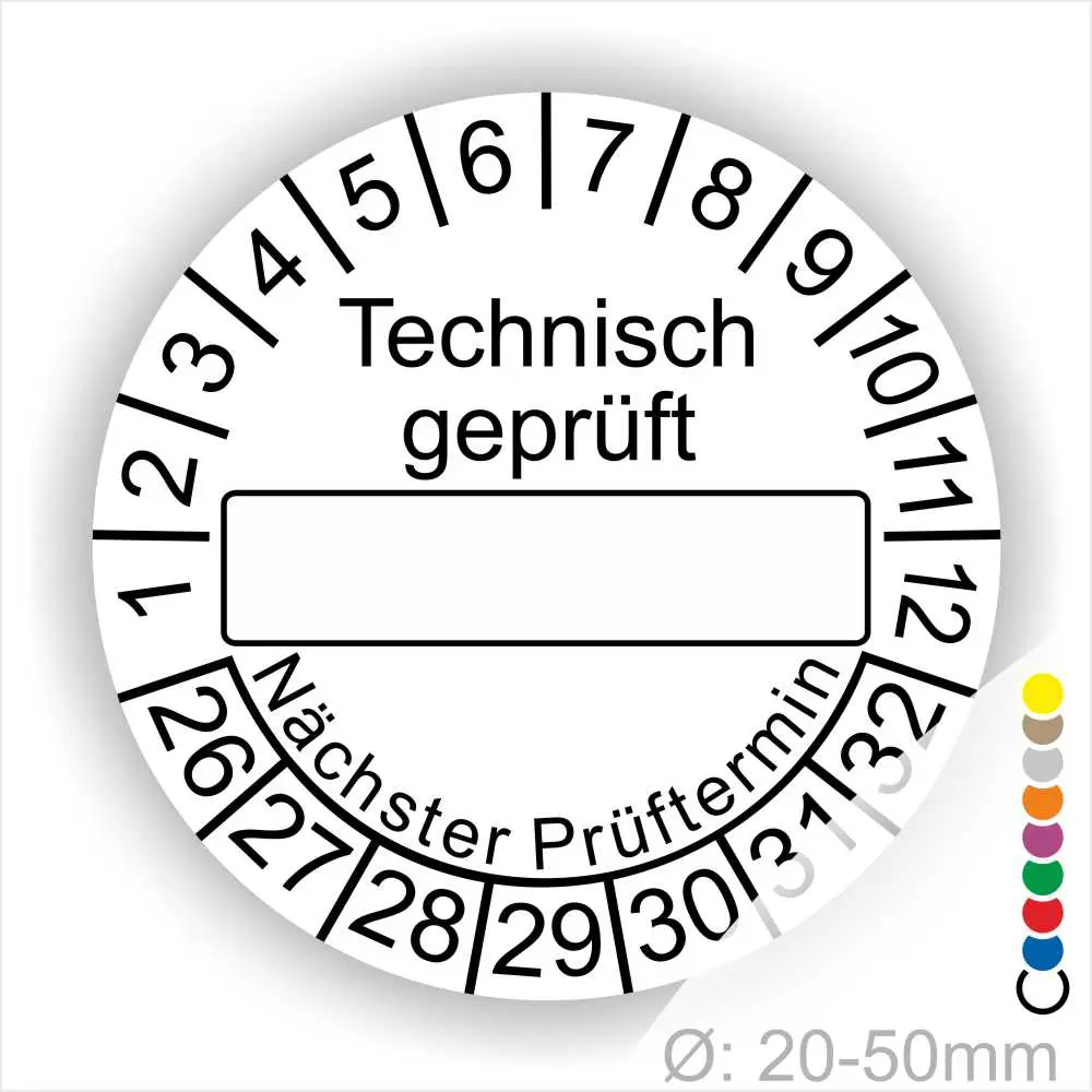 Technisch geprüft Prüfplakette weiss mit Beschriftungsfeld, Monats- und Jahresring, runde Prüfplakette zur technischen Prüfkennzeichnung mit nächstem Prüftermin, Durchmesser 20–50 mm