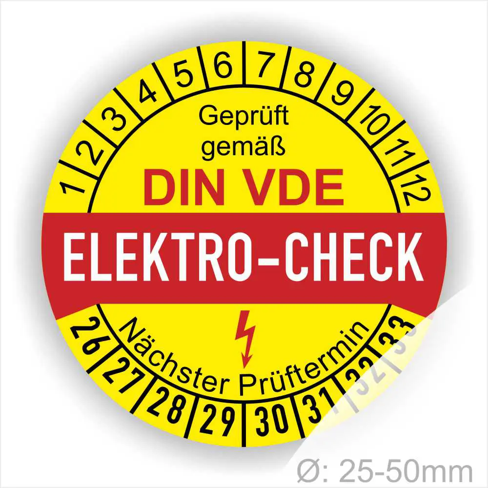 Elektro-Check Aufkleber gemäß DIN VDE, gelb mit rotem Schriftzug. Enthält Prüfdatum und nächsten Prüftermin, Durchmesser 25-50 mm.