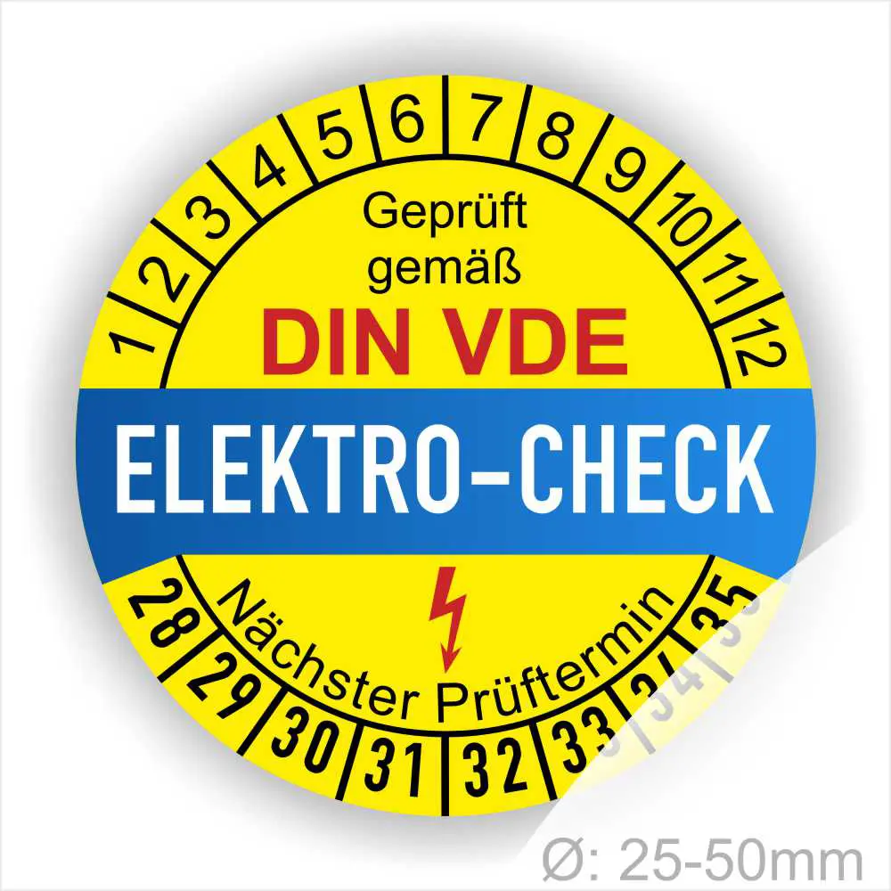 Runder Aufkleber für den Elektro-Check gemäß DIN VDE, gelb mit blauen und roten Schriftzügen. Enthält Prüfnummern und das Datum des nächsten Prüftermins. Größe: 25-50 mm.