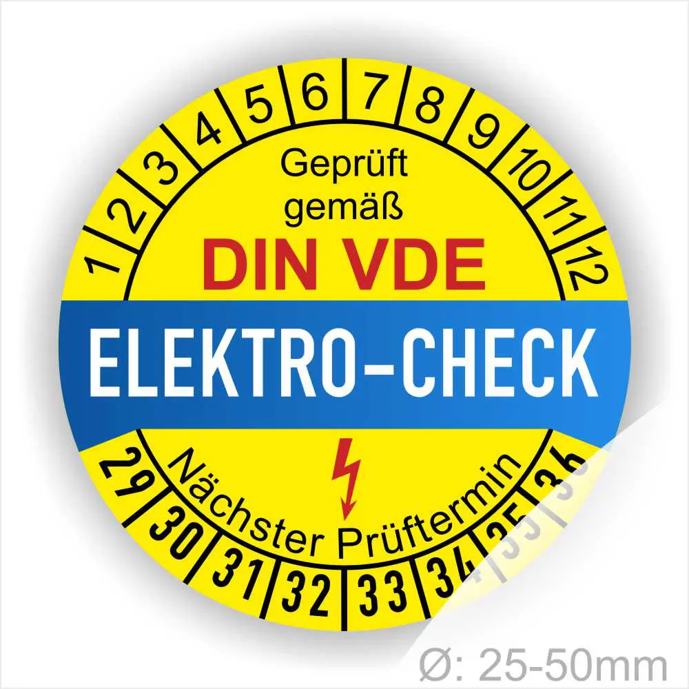 Elektro-Check Aufkleber gemäß DIN VDE, gelb mit blauem Schriftzug, zeigt den nächsten Prüftermin und hat einen Durchmesser von 25-50 mm.