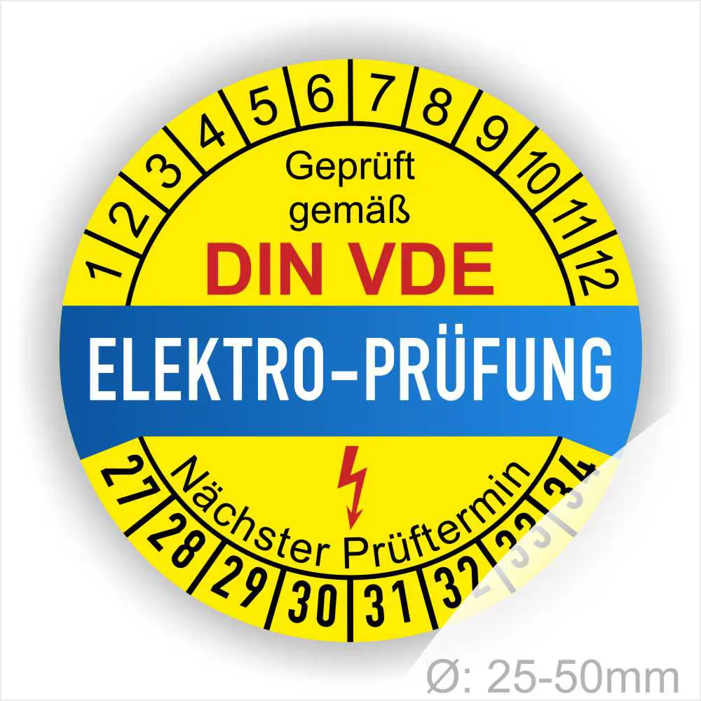 Prüfsiegel für Elektrogeräte gemäß DIN VDE, gelb-blau, mit Angaben zum nächsten Prüftermin und einem Durchmesser von 25-50 mm.
