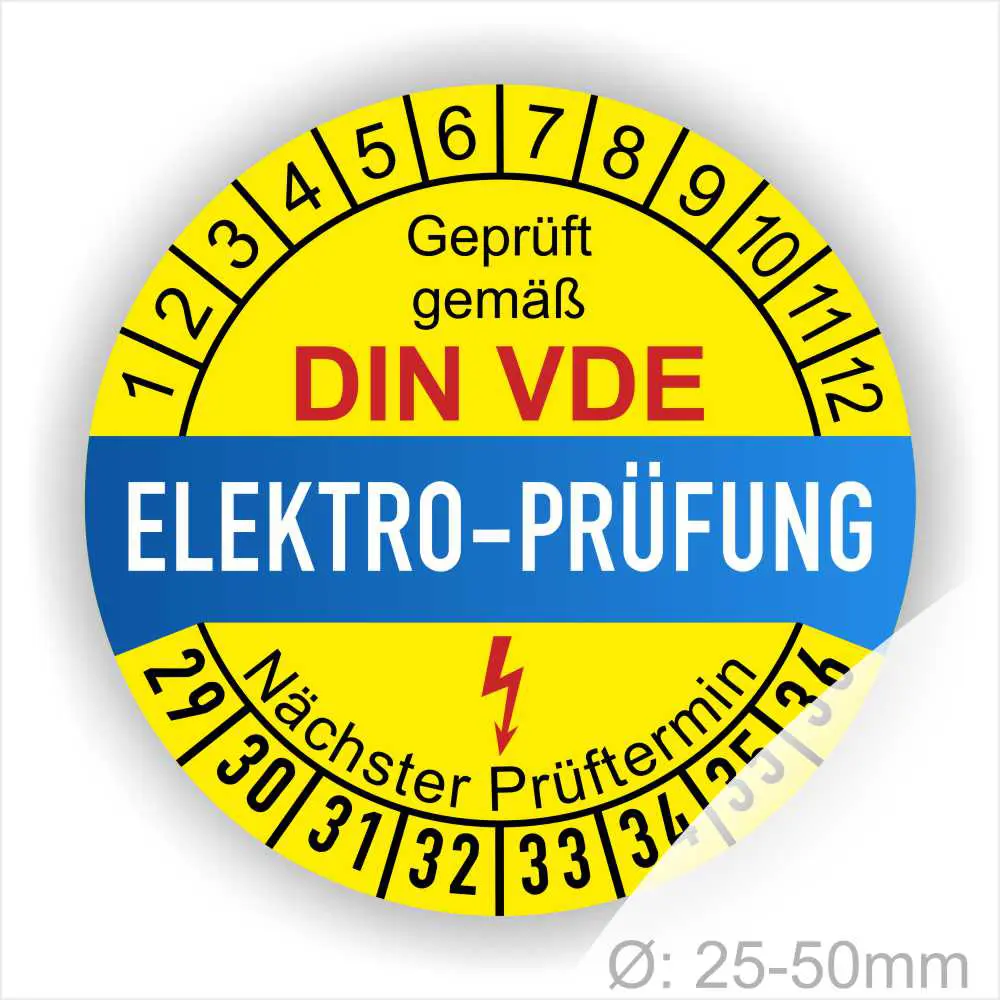 Elektro-Prüfplakette gemäß DIN VDE, gelb-blau, mit Prüfziffern und nächstem Prüftermin. Durchmesser 25-50 mm.