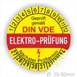 Prüfetiketten, Prüfplaketten rund, Farbe- Gelb in der Mitte ein Streifen in Rot, Text oberer Teil "Geprüft gemäß DIN-VDE" in Schwarz. Mittig Streifen in Rot mit dem Text " ELEKTRO-PRÜFUNG", danach Elektropfeil in Rot Startjahr- 27, Monatszahlen Oben und Jahreszahlen Unten in Kreisform. Über den Jahreszahlen Text "Nächster Prüftermin"