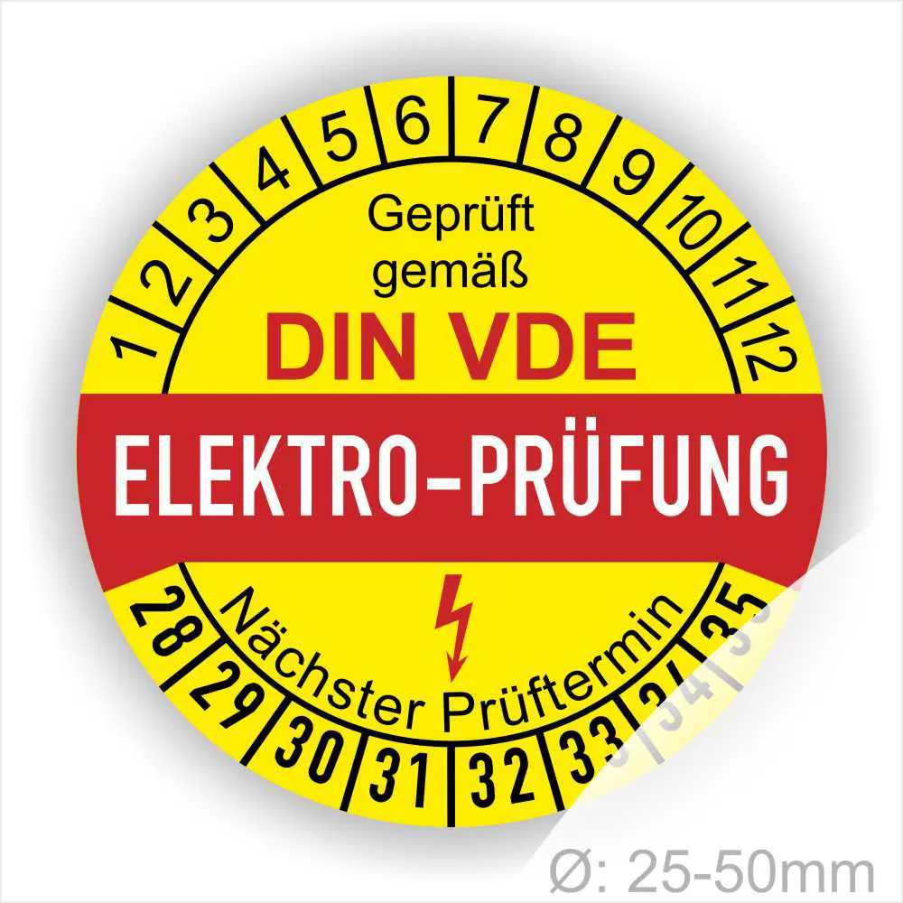 DIN VDE Elektro-Prüfplakette zur Kennzeichnung von geprüften elektrischen Geräten mit Angabe des nächsten Prüftermins und Durchmesser von 25-50 mm.