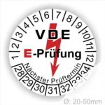 Runde weiße VDE E-Prüfung Prüfplakette mit Monatsring und Jahresring, rotem Blitzsymbol und Aufdruck „Nächster Prüftermin“, Ø 20–50 mm