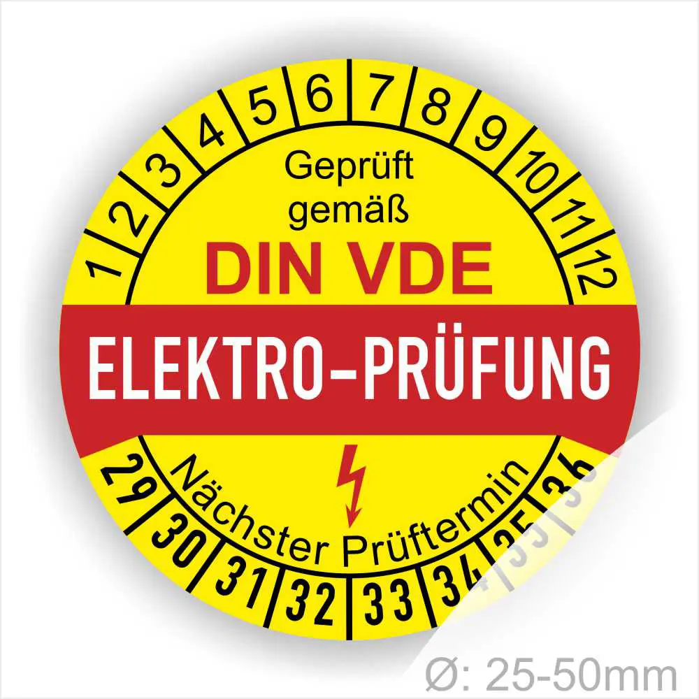 Rundes Prüfzeichen für Elektrogeräte, das die Einhaltung der DIN VDE Vorschriften bestätigt. Enthält Angaben zum nächsten Prüftermin und ist für Geräte mit einem Durchmesser von 25-50 mm geeignet.