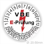 VDE E-Prüfung Prüfplakette mit nächstem Prüftermin und Durchmesserangabe von 20-50 mm, zeigt Prüfintervalle von 1 bis 35.