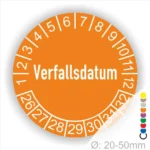 Prüfetiketten, Prüfaufkleber rund, Farbe- Orange, Text auf Englisch "Verfallsdatum" in Weiß. Startjahr- 26, Monatszahlen Oben und Jahreszahlen Unten in Kreisform.