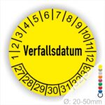 Prüfetiketten, Prüfaufkleber rund, Farbe- Gelb, Text auf Englisch "Verfallsdatum" in Schwarz. Startjahr- 27, Monatszahlen Oben und Jahreszahlen Unten in Kreisform.