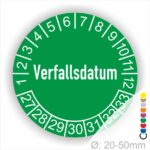 Verfallsdatum Prüfplakette grün mit Monats- und Jahresring, runde Prüfplakette zur Kennzeichnung von Ablauf- und Verfallsdaten, Durchmesser 20–50 mm
