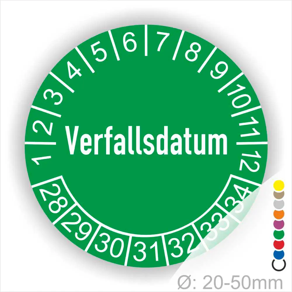 Prüfetiketten, Prüfaufkleber rund, Farbe- Gruen, Text auf Englisch "Verfallsdatum" in Weiß. Startjahr- 28, Monatszahlen Oben und Jahreszahlen Unten in Kreisform.