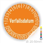 Prüfetiketten, Prüfaufkleber rund, Farbe- Orange, Text auf Englisch "Verfallsdatum" in Weiß. Startjahr- 29, Monatszahlen Oben und Jahreszahlen Unten in Kreisform.