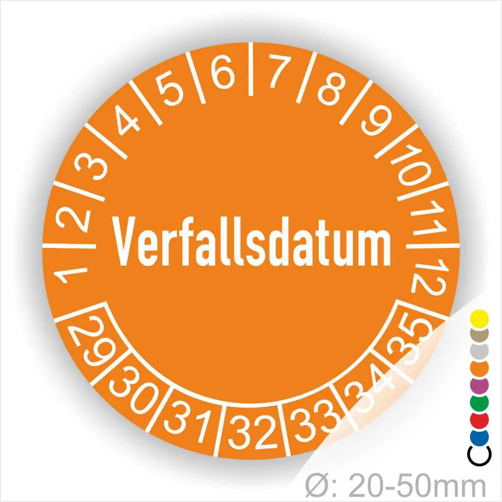 Prüfetiketten, Prüfaufkleber rund, Farbe- Orange, Text auf Englisch "Verfallsdatum" in Weiß. Startjahr- 29, Monatszahlen Oben und Jahreszahlen Unten in Kreisform.