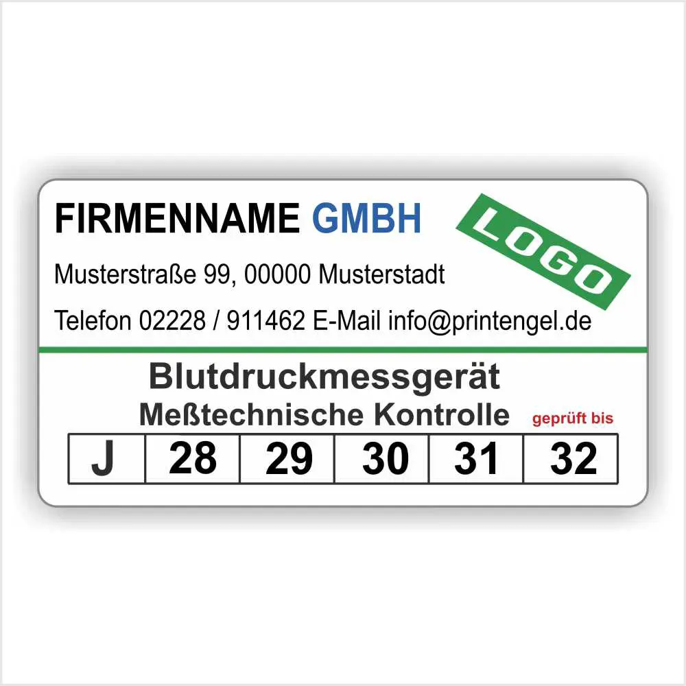MTK Prüfetikett für Blutdruckmessgerät zur messtechnischen Kontrolle mit Firmenname, Logo, Jahreskennzeichnung 2028–2032 und geprüft-bis-Angabe gemäß MPBetreibV
