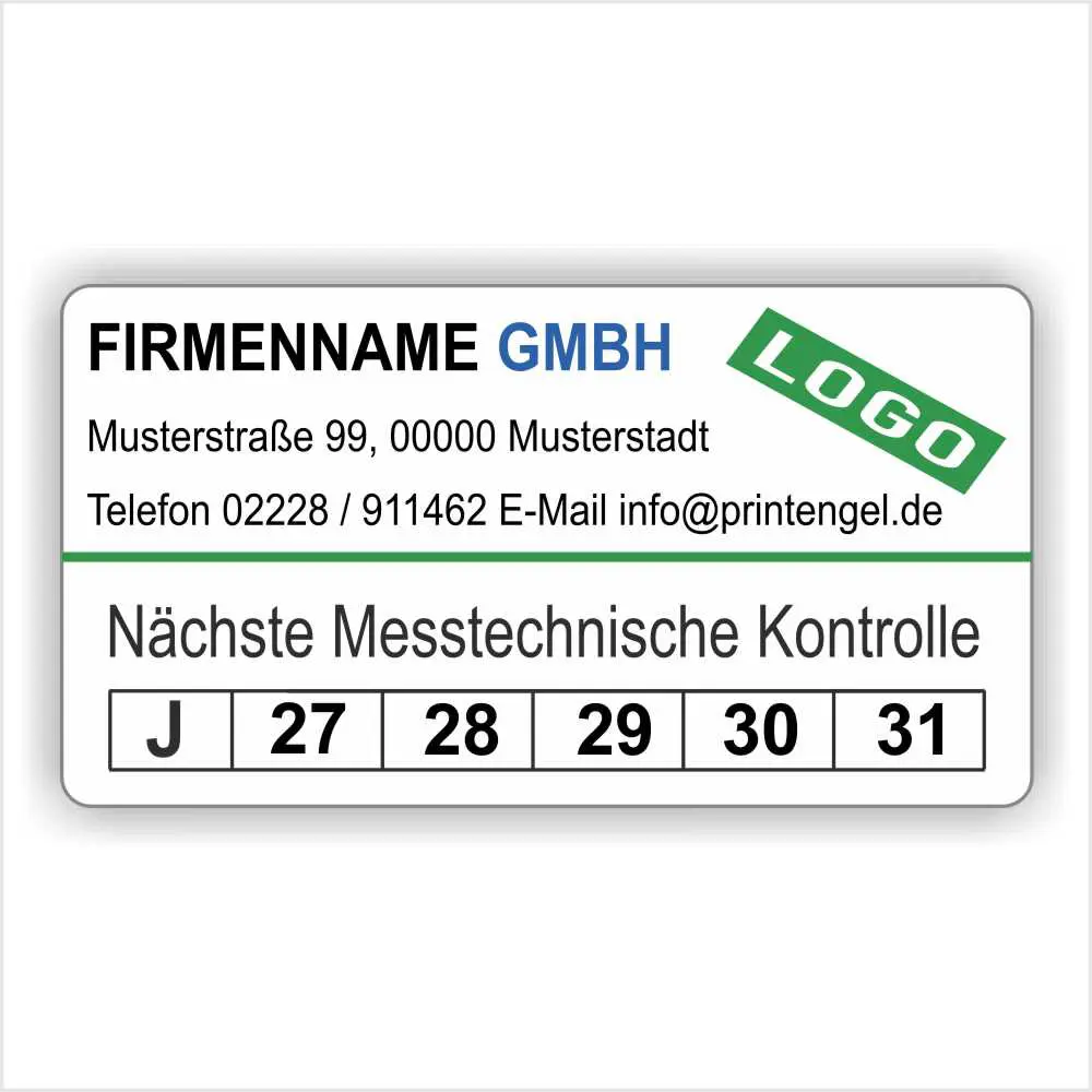 Prüfetikett nächste messtechnische Kontrolle mit Firmenname, Logo und Jahreskennzeichnung 2027–2031 gemäß MPBetreibV für medizinische Messgeräte