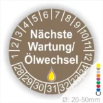 Nächste Wartung Ölwechsel Prüfplakette, Prüfaufkleber braun mit Monats- und Jahresring, runde Wartungsplakette zur Kennzeichnung des nächsten Ölwechsels, Durchmesser 20–50 mm Startjahr 2028