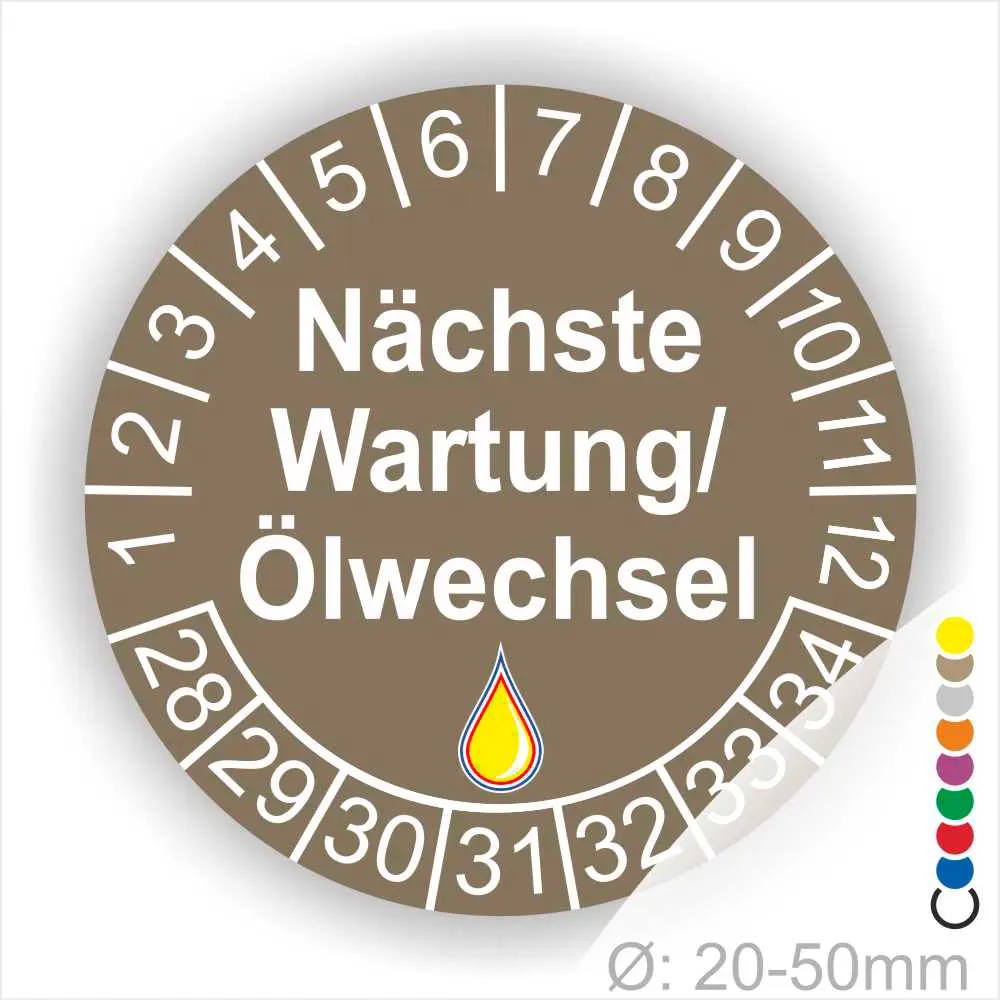 Nächste Wartung Ölwechsel Prüfplakette, Prüfaufkleber braun mit Monats- und Jahresring, runde Wartungsplakette zur Kennzeichnung des nächsten Ölwechsels, Durchmesser 20–50 mm Startjahr 2028