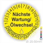 Nächste Wartung Ölwechsel Prüfplakette, Prüfaufkleber gelb mit Monats- und Jahresring, runde Wartungsplakette zur Kennzeichnung des nächsten Ölwechsels, Durchmesser 20–50 mm Startjahr 2028