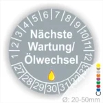 Nächste Wartung Ölwechsel Prüfaufkleber grau mit Monats- und Jahresring, runde Wartungsplakette zur Kennzeichnung des nächsten Ölwechsels, Durchmesser 20–50 mm