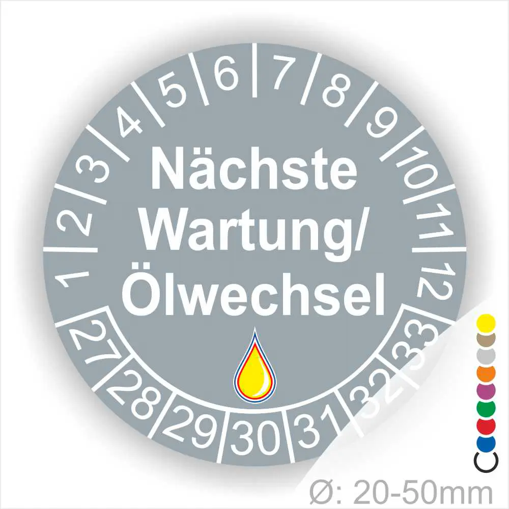 Nächste Wartung Ölwechsel Prüfaufkleber grau mit Monats- und Jahresring, runde Wartungsplakette zur Kennzeichnung des nächsten Ölwechsels, Durchmesser 20–50 mm